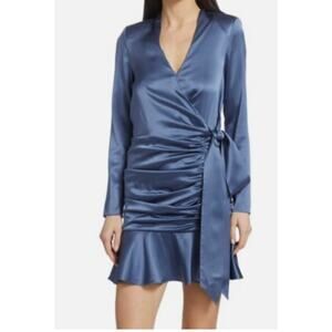 Veronica Beard Agatha Silk Satin Wrap Ruffle Mini Cocktail Dress Steele Blue 4